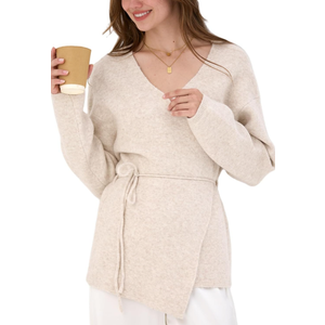 Women's Classic Coatigan Belted Wrap Cardigan Coat Oversized V-Neck Long Knit Sweater Jacket with Tie Belt. Size XS