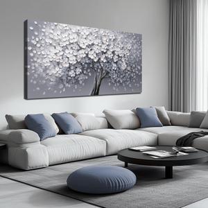 JuhaiArt Large Tree Canvas Art for Living Room Bedroom White Flower Wall Decor Prints Gray Artwork Wall Picture Home Office 29" x 59"