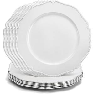 Foraineam 12 Pack White Charger Plates with Beaded Rim, 13 Inch Round Plastic Dinner Chargers, Scalloped Serving Plates for Table Settings Wedding Party Catering Event Decoration