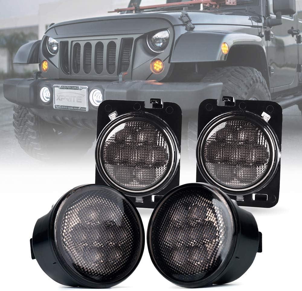 Xprite Smoked Lens Turn Signal & Side Marker Lights Kits Compatible with 2007-2018 Jeep Wrangler JK JKU Unlimited, JK LED Blinker, Amber