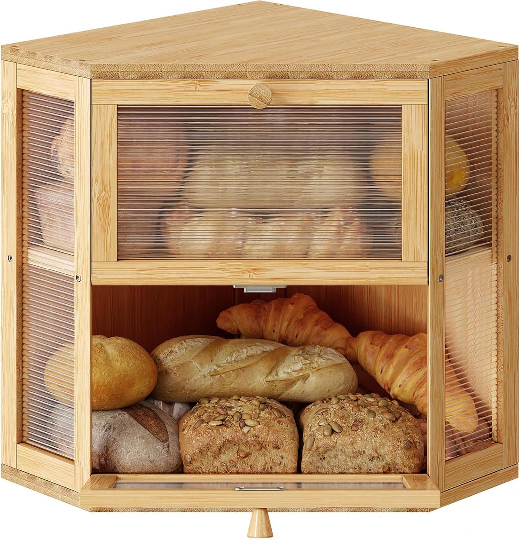 WOWLIVE Corner Bread Box for Kitchen Countertop, Double Layer Bamboo Bread Storage Container, Large Farmhouse Bread box with Acrylic Wavy Door Panel, Under Cabinet Organizer (Natural, Medium)