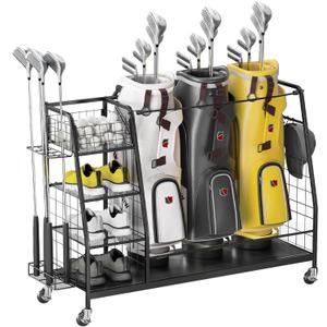 Golf Bag Organizer for Garage - 3 Golf Bag Storage Rack with Lockable Wheels - Golf Equipment Stand - Golf Clubs Bags Accessories Holder