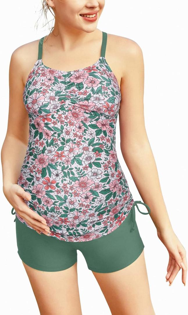 Maacie Maternity Athletic Tankini Swimsuits Two Piece Floral Print Ruched Tops with Shorts, Medium