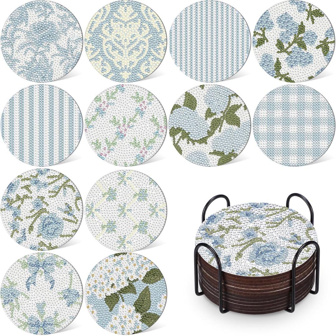 Ferrochef 12 Pcs Blue Floral Hydrangea Diamond Art Coasters Kit, 5D DIY Diamond Coasters Crafts with Tool Kit, Non Slip Cork Coaster for Women Blue Coquette Aesthetic Bow Printed Gift
