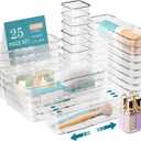 25 PCS Extendable Clear Plastic Drawer Organizer Set, Adjustable Bathroom Organizer, 3 Sizes Versatile Vanity Drawer Organizer Trays for Makeup, Bedroom, Office, Kitchen Utensils and Gadgets