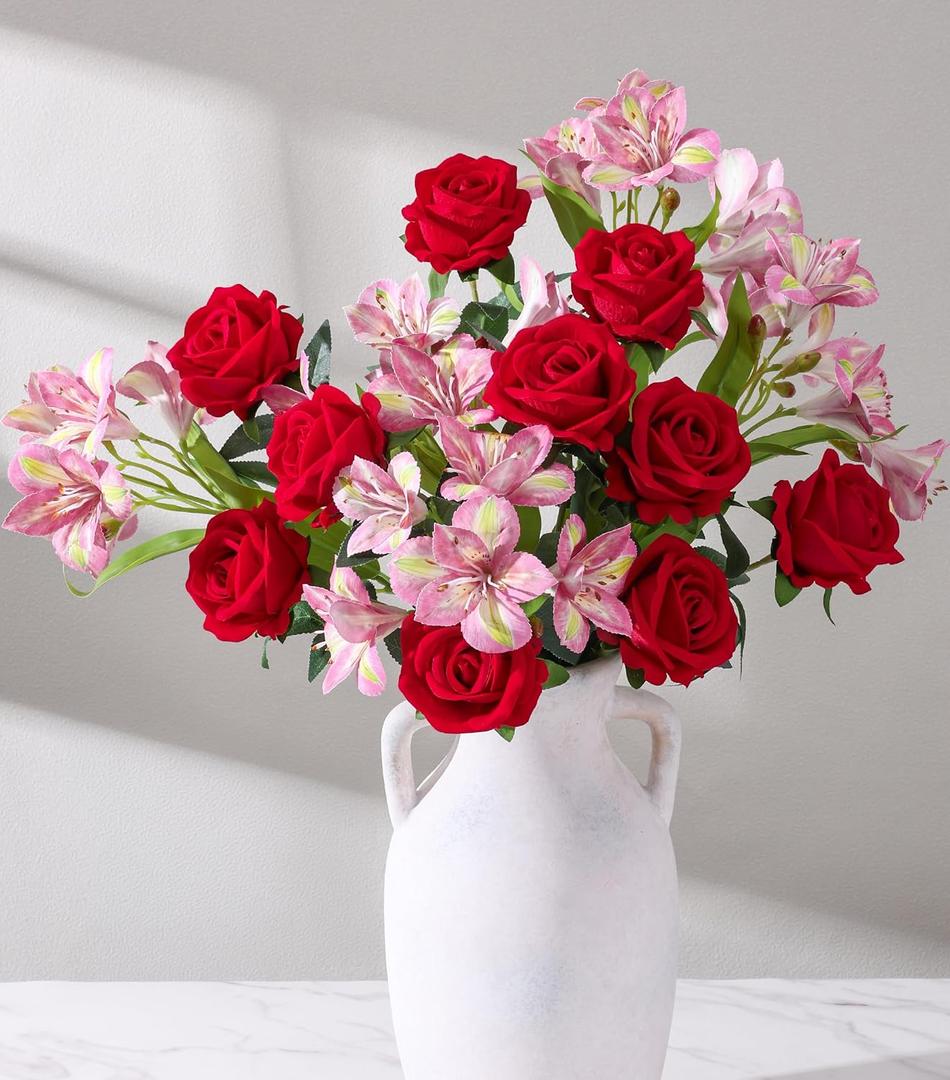 Fake Flowers, 14 Pcs Red Roses & Artificial Lilies Silk Flowers Faux Flowers for Vase Realistic Artificial Flowers Home Decor Bedroom Office Spring Desk Wedding Decoration House Warming Gifts