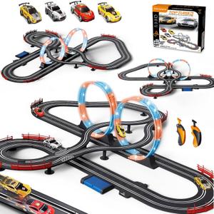 Slot Car Race Track 1:43 Scale For Kids LED Tracks Electric Powered Dual Racing 4 Cars with Headlights Toy Big Track Sets Gift for Boys Children 6+ Years Old