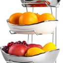 Fruit Bowl for Kitchen Counter, 3 Tier Fruit Basket for Counter, Ceramic Fruit Holder, Tiered Fruit Stand with Metal Stand, Detachable Rack for Fruit Vegetable Snack Dessert Storage (Silver)