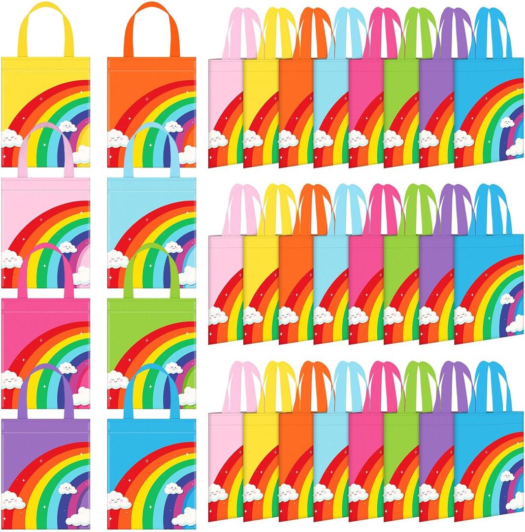 Kajaia 32 Pcs Rainbow Party Favor Bags Rainbow Goodie Bags Reusable Non-woven Pouches with Handle for Baby Shower Birthday Party Supplies, 8 Colors