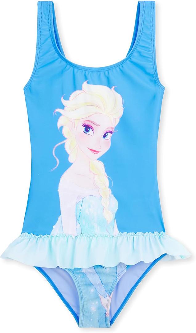 Disney Girls One Piece Swimming Costume, Comfortable Stretchy Swimsuit - Girls Gifts (4-5T, Blue Elsa)