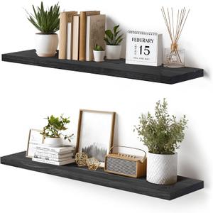 Floating Wall Shelves 2-Pack - 36-Inch Rustic Black Wooden Shelves for Storage and Dcor, Easy Installation for Living Room, Bedroom, and Kitchen