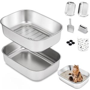 Stainless Steel Sifting Litter Box with Lid, Metal Litter Pan with Scoop for Big Cats Multi Cat, Extra Large Cats Litterbox Odor Control Easy Clean (22.8 * 16.1 * 6.5inch-Without Enclosure, X-Large)