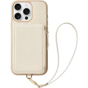 ZVE for iPhone 14 Pro Wallet Case with Card Holder, Zipper RFID Blocking iPhone Case with Lanyard, Leather Purse for Women Cover Compatible with iPhone 14 Pro, 6.1"(2022) - Beige
