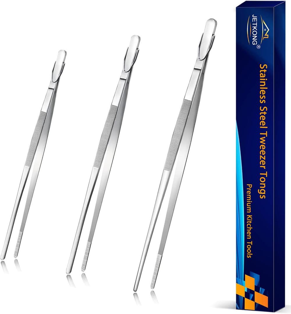 JETKONG Food Tweezers Precision Serrated Tips Kitchen Tweezers Professional Cooking Tweezer Tongs, Set of 3 (7 9 12 Inch, Silver)