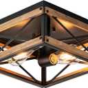 Mayful Black Flush Mount Ceiling Light, 2-Light Rustic Farmhouse Fixture with Metal & Wood Frame, Dimmable Close-to-Ceiling Lighting for Kitchen Bedroom Living Room Hallway Entryway