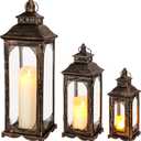 TRIROCKS Set of 3 Vintage Candle Lanterns 10/14/19.5''H Decorative Outdoor Lantern Metal Candle Holder with Tempered Glass for Home Living Room Garden Yard Event Indoor Outdoor (Black with Gold Brush)