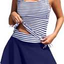 Daci Tankini Bathing Suits with Skirt - Women 2 Piece Swimsuits Tummy Control Swimwear Blue Stripe, Small