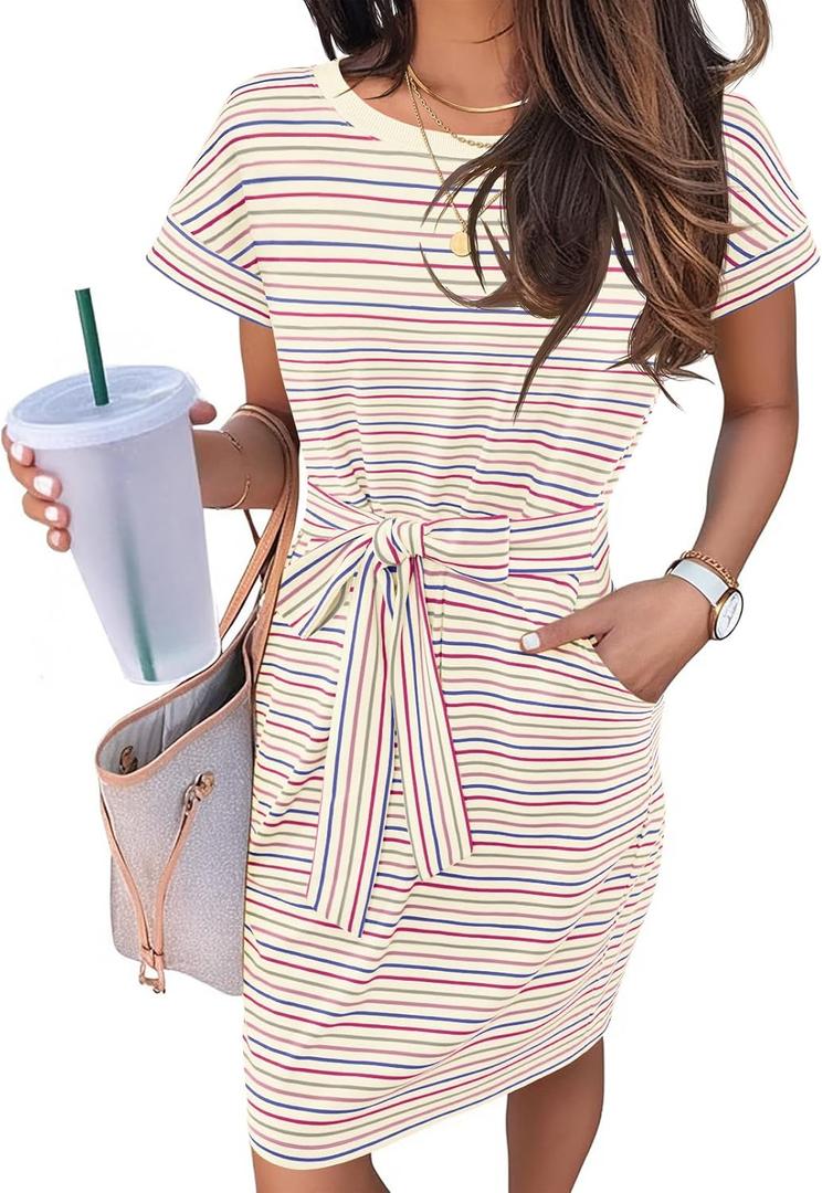MEROKEETY Women's 2026 Summer Casual T Shirt Dress Short Sleeve Striped Tie Waist Work Vacation Trendy Short Dresses (Medium)