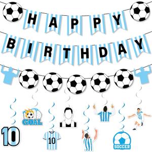 19 Pcs Soccer Party Decorations Blue White Happy Birthday String Flags Sport Theme Spiral Swirl Set Soccer Star Hanging Swirl Cards Sport Theme Backdrop Pennant for Team Celebration Birthday Supplies