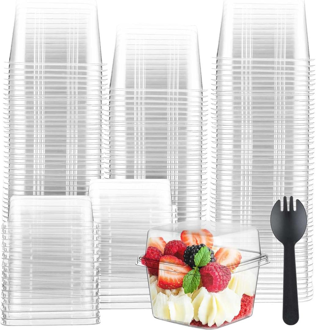 Tanlade 100 Pack 8oz Clear Dessert Cups with Lids and Sporks Square Plastic Cups Disposable Parfait for Banana Pudding Appetizer Mousse Fruit Cupcakes Yogurt Oatmeal Serving