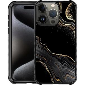 Case Compatible with iPhone 16 Pro, Pattern Plexiglass Cover for Boys Girls, Shockproof Anti-Scratch Drop Protection, Black Gold Marble
