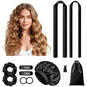 LitBear Heatless Curls Overnight, 2 Sizes of Soft Hair Rollers for Women with Bonnet to Sleep In, No Heat Hair Curlers Set with Scrunchies and Clips, for Long and Medium Hair (Black)