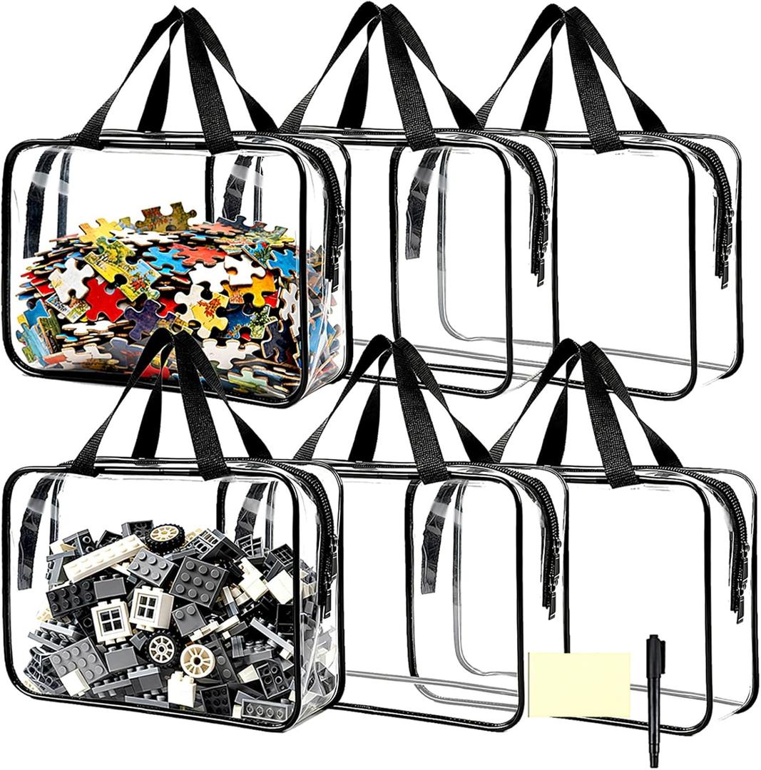 6 Pack Clear Toy Storage Organizer Bags Large with Double Zipper Waterproof PVC Material Travel Toy Organizer Pouch with Handles for Puzzle, Blocks, Board games, Kids Books Toy Organizing