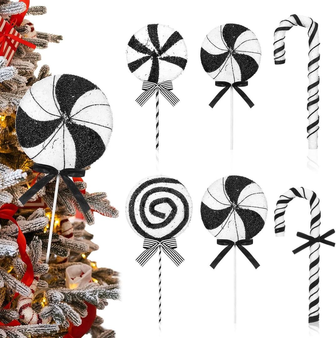 6 Pcs Black and White Candy Christmas Ornaments 16 Inches Lollipop Christmas Picks for Tree Large Peppermint Candy Cane Lollipop Ornaments for Xmas Tree Topper Holiday Decor, 3 Size