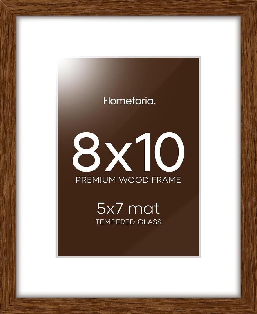 Homeforia 8x10 Picture Frame Brown, High End Dark Oak 8 x 10 Walnut Wooden Frames with Mat 5 by 7 Photo, 8x10 Wood Frame Matted to 5x7 Print, Wall or Tabletop Frame, Tempered Glass, Wall Kit, Set of 1