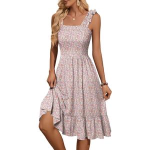 ZABERRY Womens Summer Midi Dress 2026 Elastic Straps Square Neck Cute Floral Flowy A-line Sundresses for Women (Pink, XL)