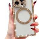 Owncase Magnetic for iPhone 15 Pro Case, Compatible with Magsafe, Crystal Diamonds Glitter Electroplated Edge Soft TPU Clear Phone Case for Women Girls, Gold