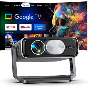 4K Projector Built-in Google TV, 2500ANSI/Auto Lens Cap/AI Voice Control Projector with WiFi and Bluetooth, Smart Movie Projector with Auto Focus & Keystone, Mini Proyector for Apps/Celling/Outdoors (Black & Gray)