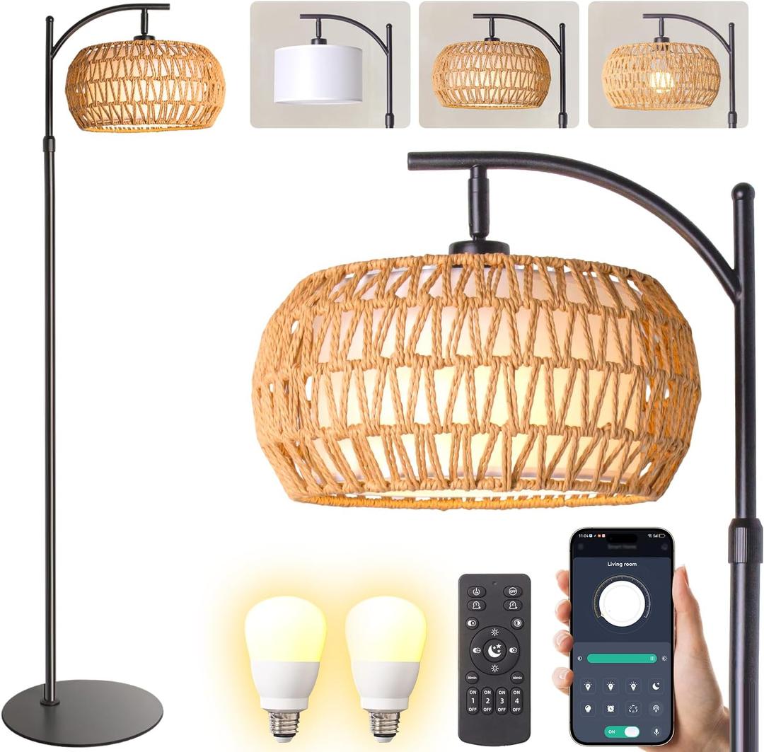 Boho Rattan Floor Lamp with Shade - 12W Bright LED Bulb, Adjustable Height 48-60 Inch, Remote Control 3 Color Temperatures, Handwoven Arc Standing Light for Living Room Bedroom (Small, Bohemian Black)