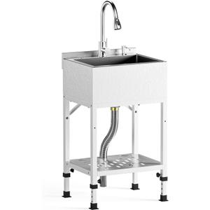 20" Freestanding Stainless Steel Utility Sink, Heavy-Duty Commercial Kitchen Outdoor Sink with Retractable Cold and Hot Water Faucet, Single Bowl Shop Sink for Workshop, Garage, Laundry Room, 20.3"L x 16"W x 40.3"H