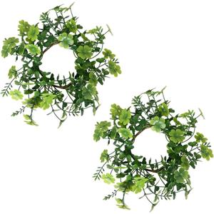2PCS Artificial Shamrock Christmas Candle Rings Wreaths 4 Inch Center for Pillars Green St Patricks Day Table Decorations Clover Candle Ring Holder Mini Wreath for Wedding Home Party Supplies