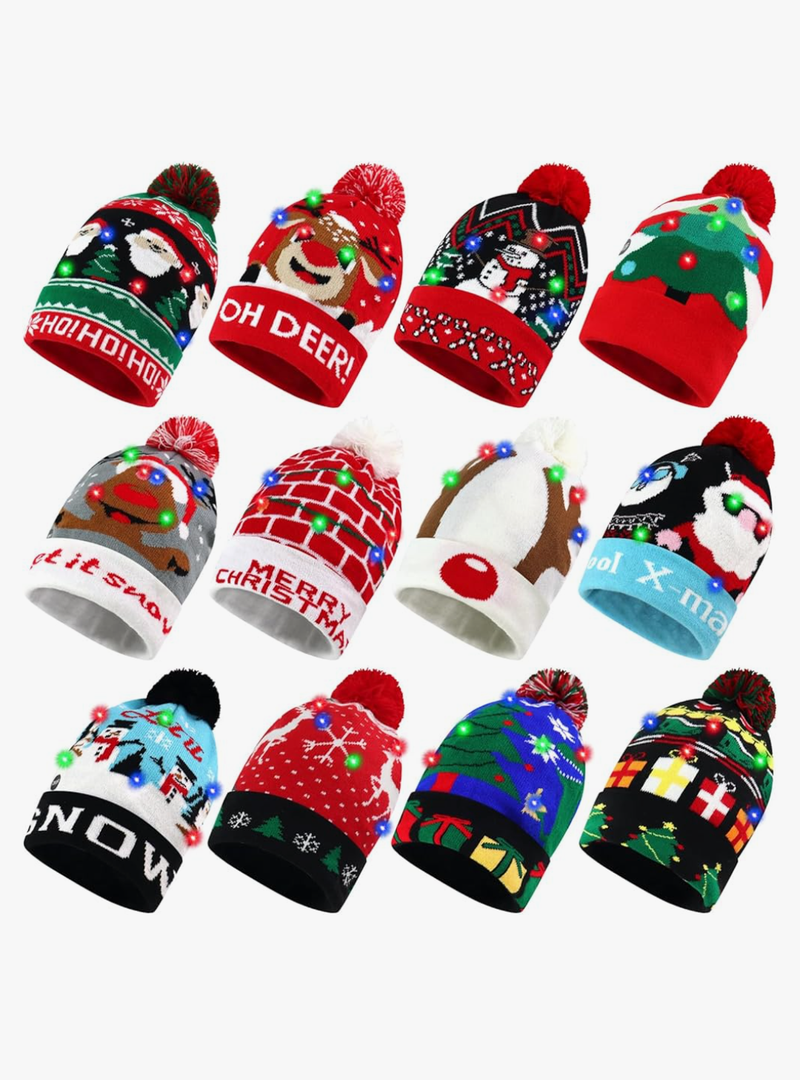 15PCS Light Up Christmas Hat, Christmas Beanie Knit Hats for Adults Family Men Women,Xmas Christmas New Years Holiday Party Winter Snow Sweater Hats Decorations, Free Size
