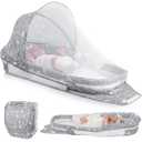Portable Baby Lounger, Foldable Diaper Bag Babies Nest with 2-in-1 Detaches Mosquito Net & Canopy & Waterproof Pad, Travel Pod Rest Mat, Easy Setup and Storage Ideal for Outdoors Indoors (Gray)