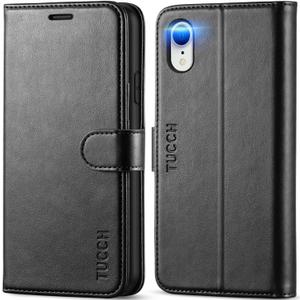TUCCH Case Wallet for iPhone XR, Kickstand RFID Blocking Credit Card Slot PU Leather Folio Phone Cover with Wireless Charging [Shockproof TPU Shell] Compatible with iPhone XR 6.1, Black