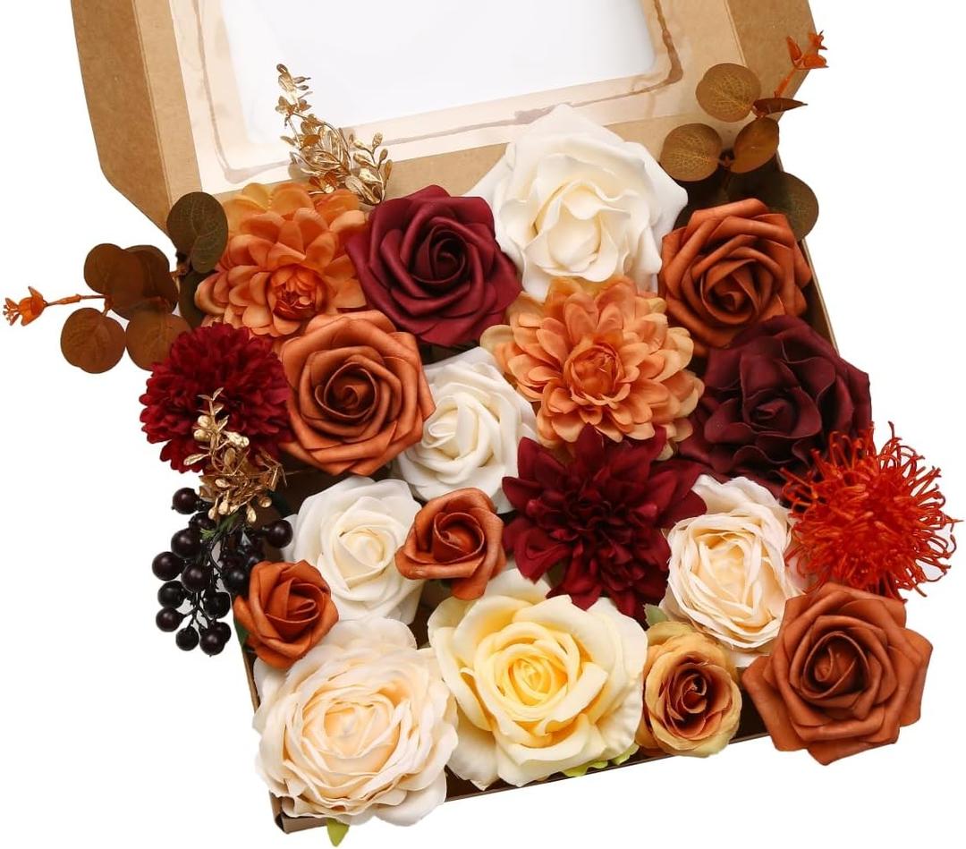 Artificial Flowers Combo Box for DIY Wedding Bouquet Arrangement, Silk Faux Flower for Bridal Table Centerpieces Party Cake Baby ShowerOrange & Burgundy