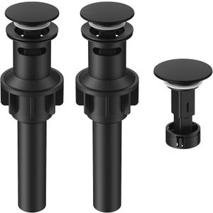 Bathroom Sink Drain with Overflow, Universal Bathroom Sink Stopper for Bathroom Vanity Vessel Sink, Rapid Draining Plastic Pop-up Sink Drain with Hair Catcher Anti-Clog Strainer, 2 Pack, Matte Black