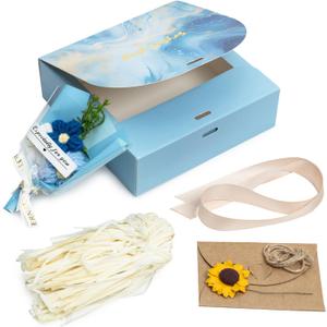 RUBBER BOND Gift Box with Lid for Presents - 6.5"x6.5"x2" Gift Packaging Set with Flower Bouquet, Card and Shredded Papers  Luxury Groomsmen, Bridesmaid Proposal Box - Printed Blue