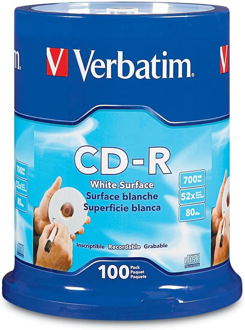 Verbatim CD-R Blank Discs 700MB 80 Minutes 52x Recordable Disc for Data and Music with Blank White Surface - 100 Pack Spindle