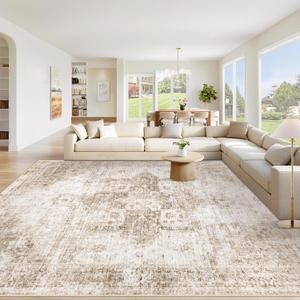 Area Rug 10x14 Washable Rug, Vintage Boho Medallion Rugs Non-Slip Soft Low Pile Large Distressed Rug Indoor Retro Carpet for Living Room Bedroom Dining Room Home Office (Brown, 10'x14')