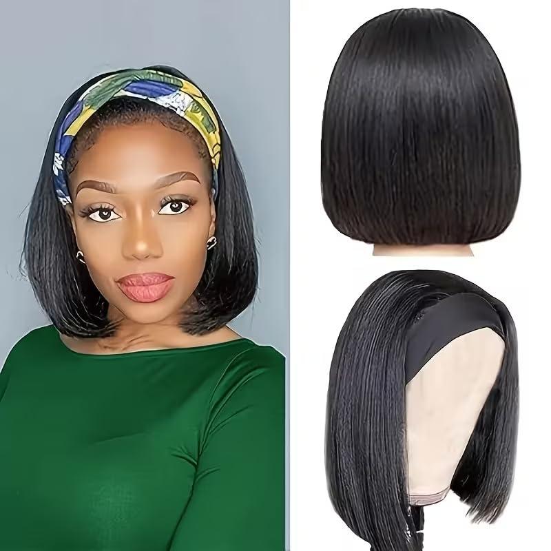 Bob 10Inch Headband Wig Human Hair Short Straight Headband Bob Wigs Glueless Wear and Go No Lace Machine Made Headband Wigs for Black Women Human Hair Black Color
