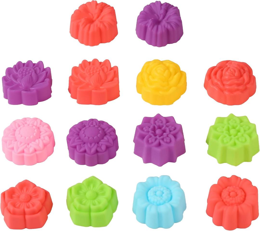 14Pcs Mini Size Silicone Molds, 2 x 0.8 inch Cupcake Multi Flower Shapes Baking Cups Non-Stick Donut Wrapper Mold Muffin Liners