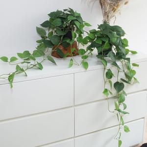 Fake Pothos Hanging Plants  Set of 2 Faux Ivy Vines with Pots, Realistic Silk Devils Ivy for Indoor Dcor, Low Maintenance Artificial Greenery for Home or Office (Green)