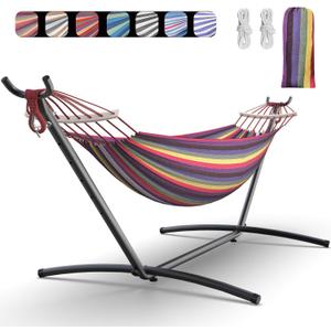 Double Hammock with Heavy-Duty Steel Stand,Portable,Easy Assembly,600lbs Weight Capacity,Perfect for Indoor,Yard,Camping,or Outdoor-Rainbow (Dc-rainbow)