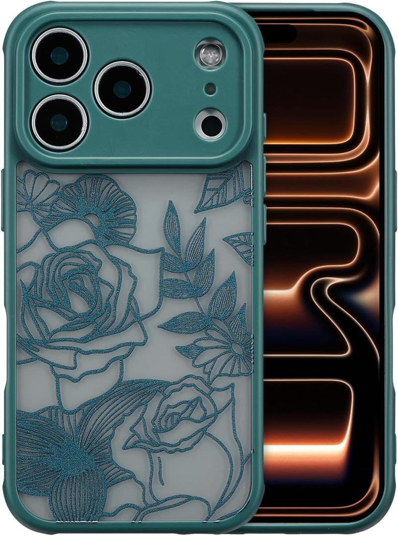 XIZYO for iPhone 17 Pro Case, Floral Rose Cute Phone Case for Women Girls Aesthetic Pattern Print Slim TPU Bumper Shockproof Protective Cover for iPhone 17 Pro 6.3 Inch, Deep Green