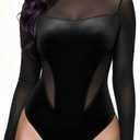 Bodysuit for Women Long Sleeve Velvet Mesh Bodysuit – Sexy Sheer Top for Christmas or Daily Wear, XL