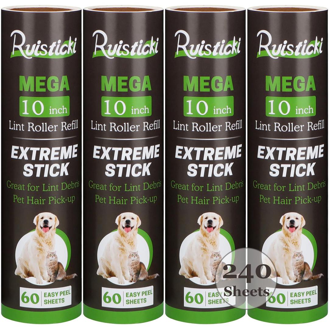 10 inch Lint Roller Refill Compatible with Large Mega 10 in Wide Lint Rollers, Pack of 4 Refills, 60 Sheets per Refill, Total 240 Extreme Stick Sheets